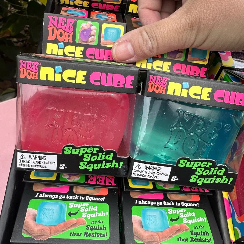 Needoh Nice Cube Sensory Squeezing Toy Cube for Stress relief and Fingertip Release Toy Dr. Pepper style and more.