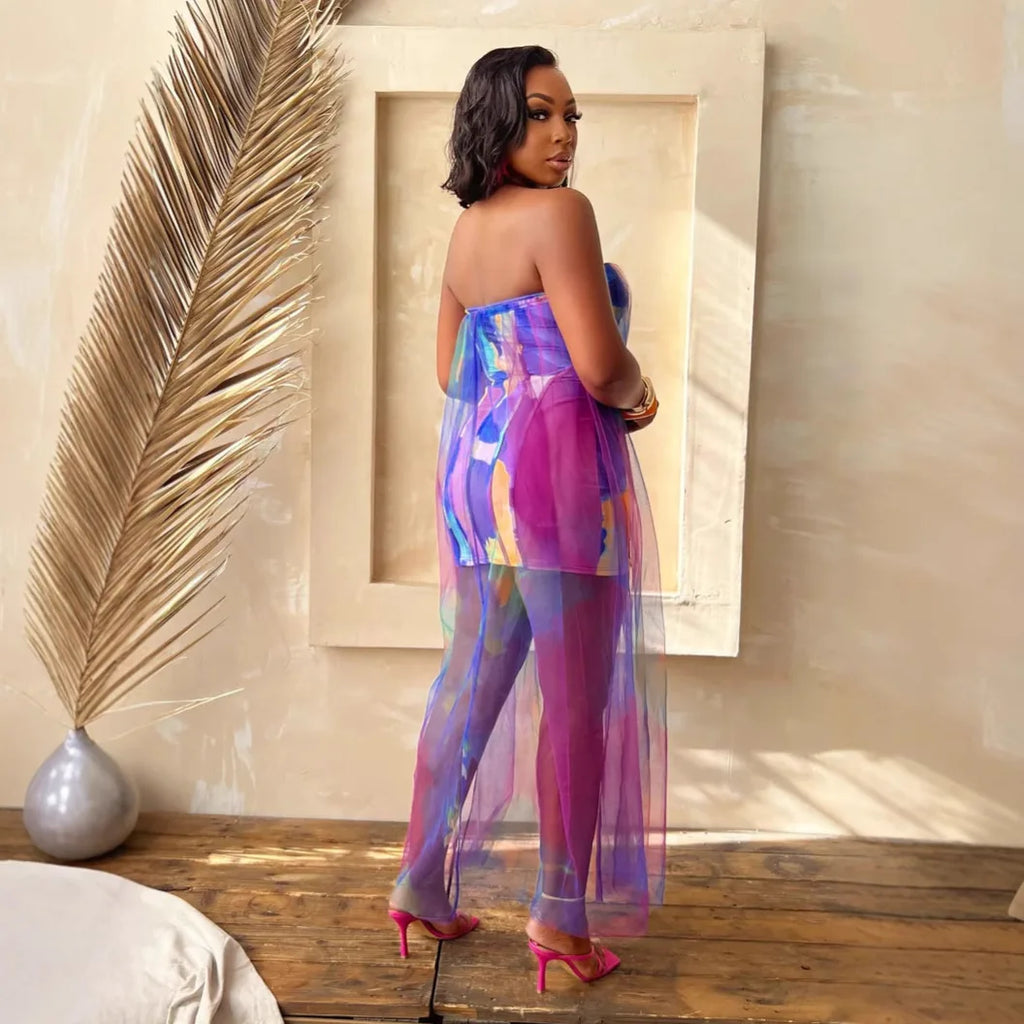 Women Sleeveless Tie Dye Print Strapless Mesh Bodycon Midi Long Maxi Dress