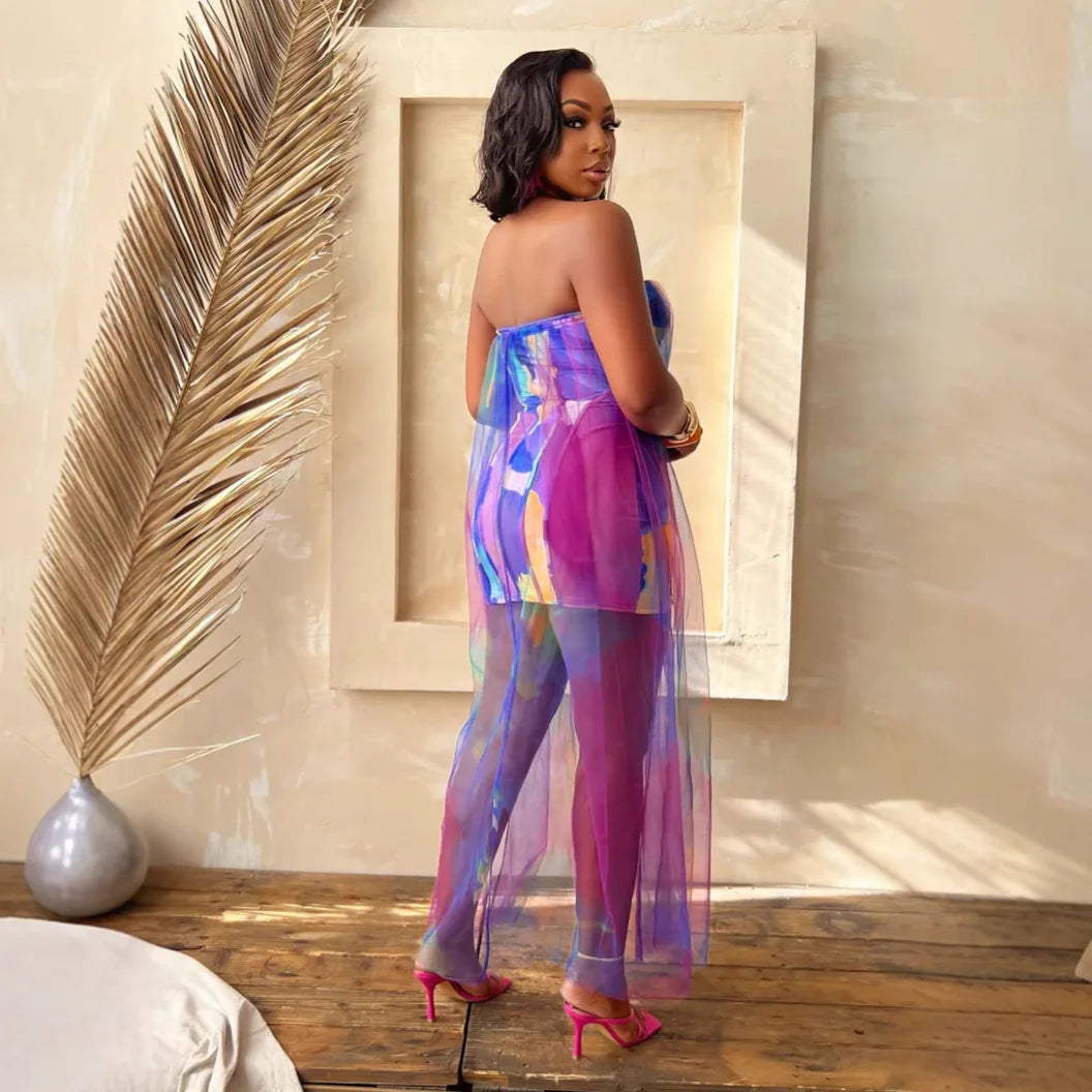 Women Sleeveless Tie Dye Print Strapless Mesh Bodycon Midi Long Maxi Dress