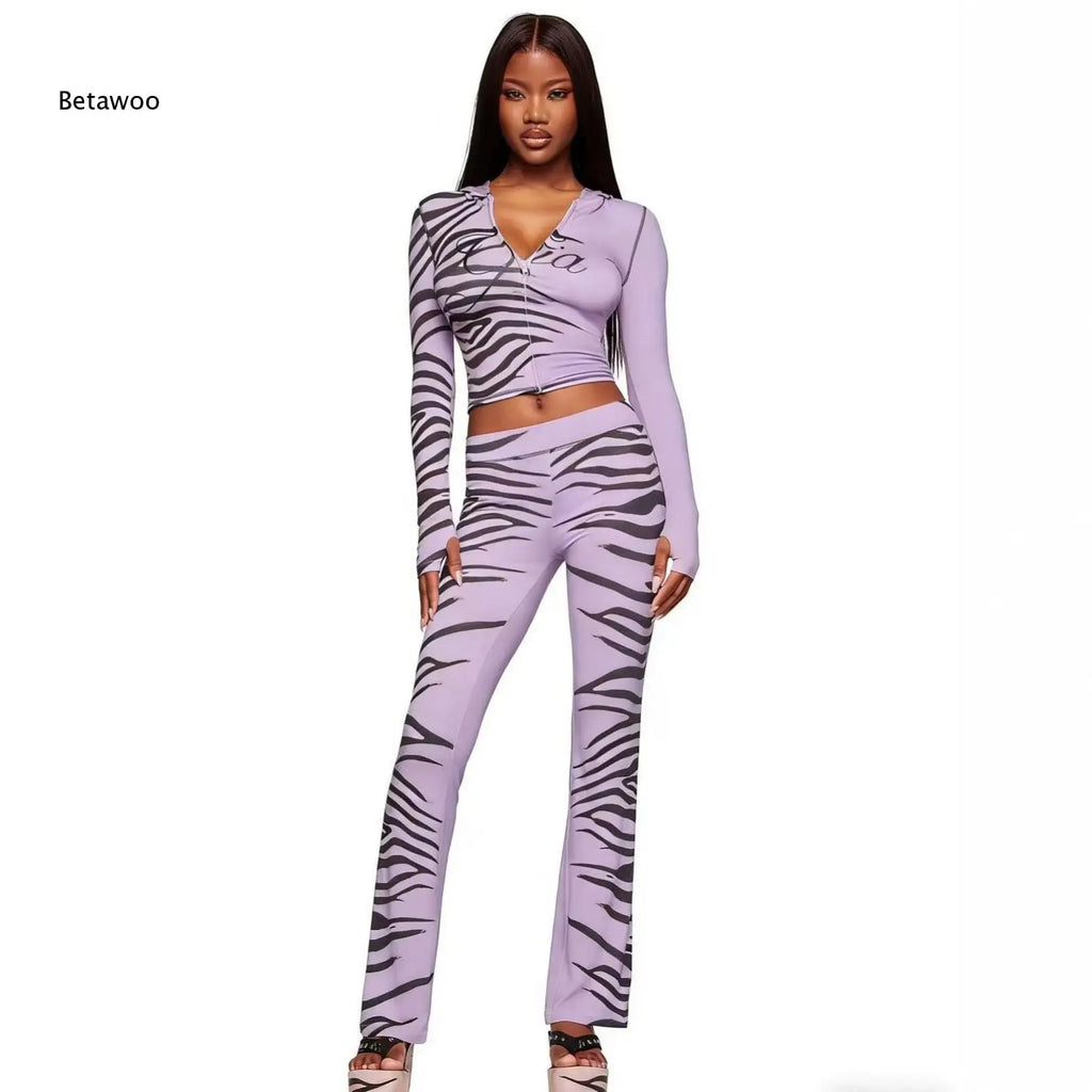 Women's Gia Animal Print 2 Piece Outfit Long Sleeve Hooded Cropped Top and Matching Pants Set