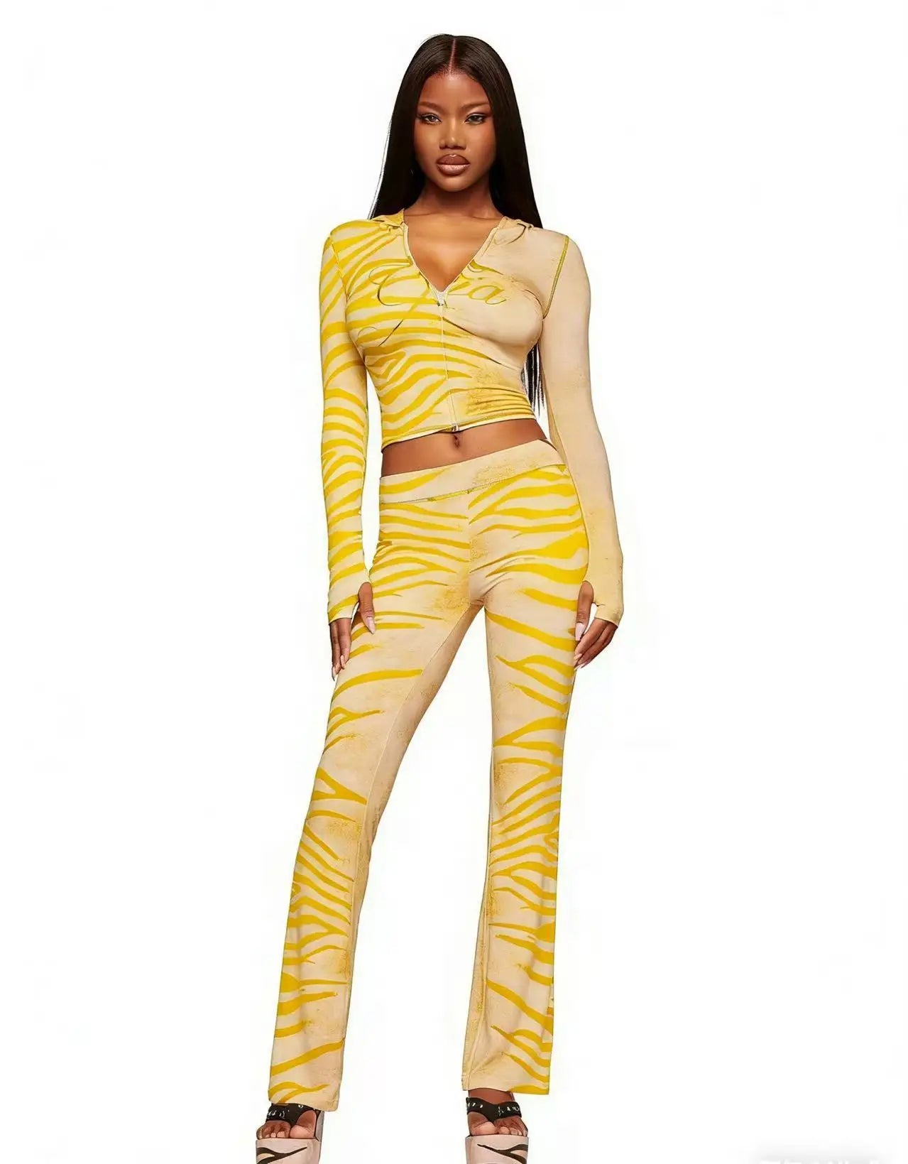 Women's Gia Animal Print 2 Piece Outfit Long Sleeve Hooded Cropped Top and Matching Pants Set