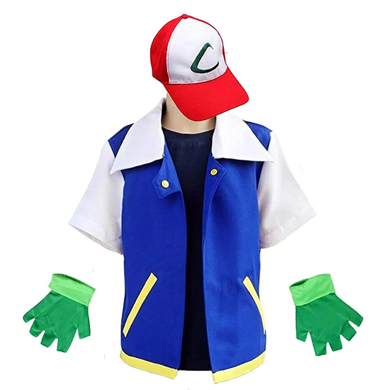 Adult Unisex Ash Ketchum Costume for Halloween-Blue Jacket, Cap, and Gloves Sets