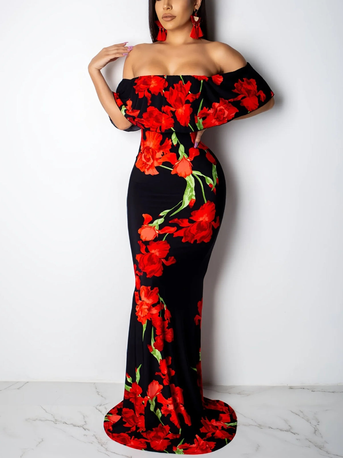 Women's Sunflower Floral Print Strapless Sexy Bodycon Slash Neck Off Shoulder Short Sleeve Polyester Floor Length Maxi Dress