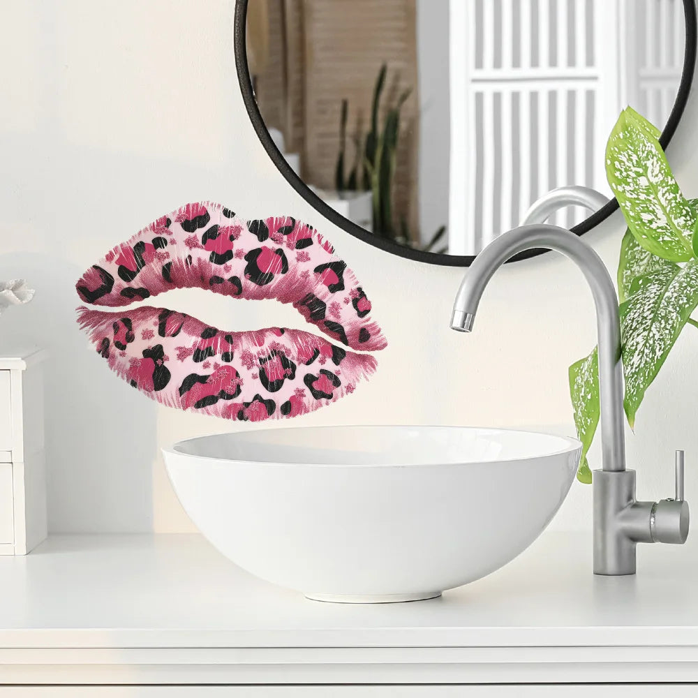 Pink Leopard Print Lips Wall Decal – Removable Kiss Sticker, Peel & Stick Vinyl Wall Art