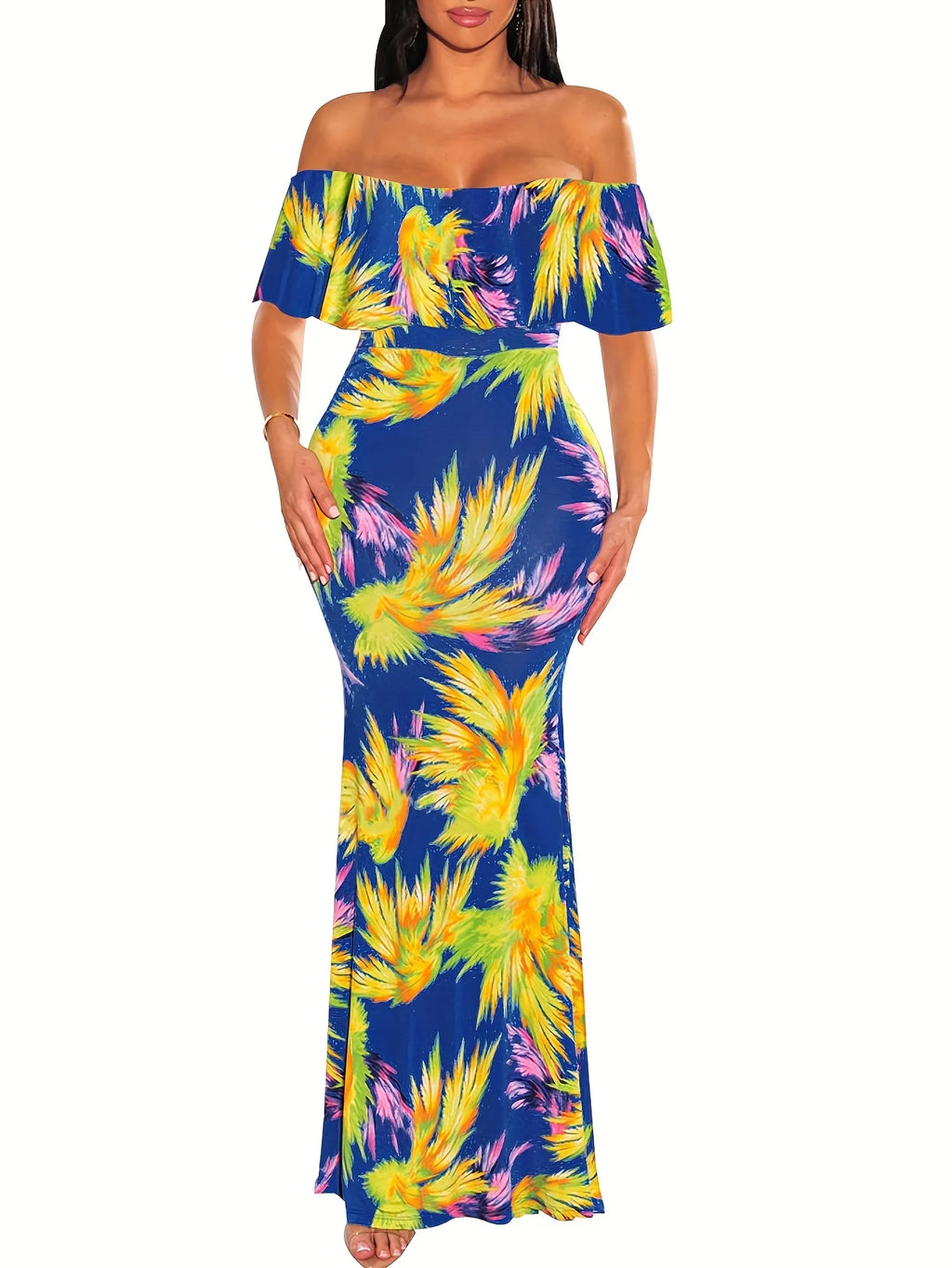 Women's Sunflower Floral Print Strapless Sexy Bodycon Slash Neck Off Shoulder Short Sleeve Polyester Floor Length Maxi Dress