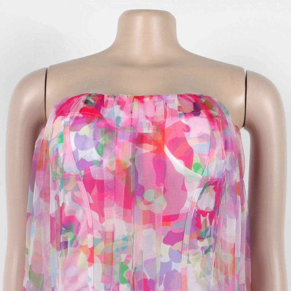 Women Sleeveless Tie Dye Print Strapless Mesh Bodycon Midi Long Maxi Dress