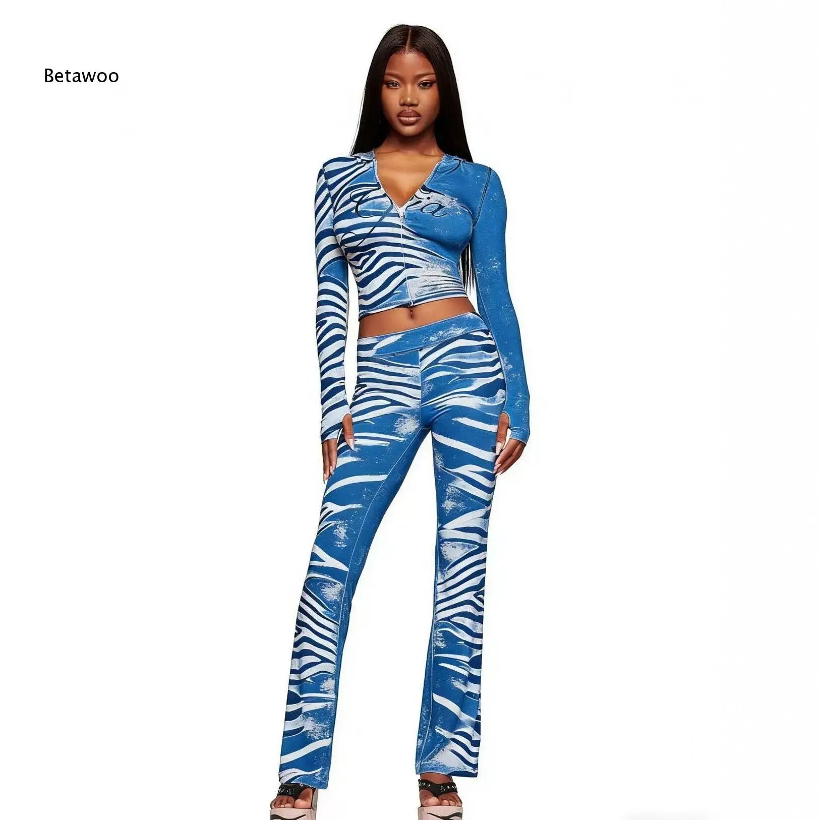 Women's Gia Animal Print 2 Piece Outfit Long Sleeve Hooded Cropped Top and Matching Pants Set