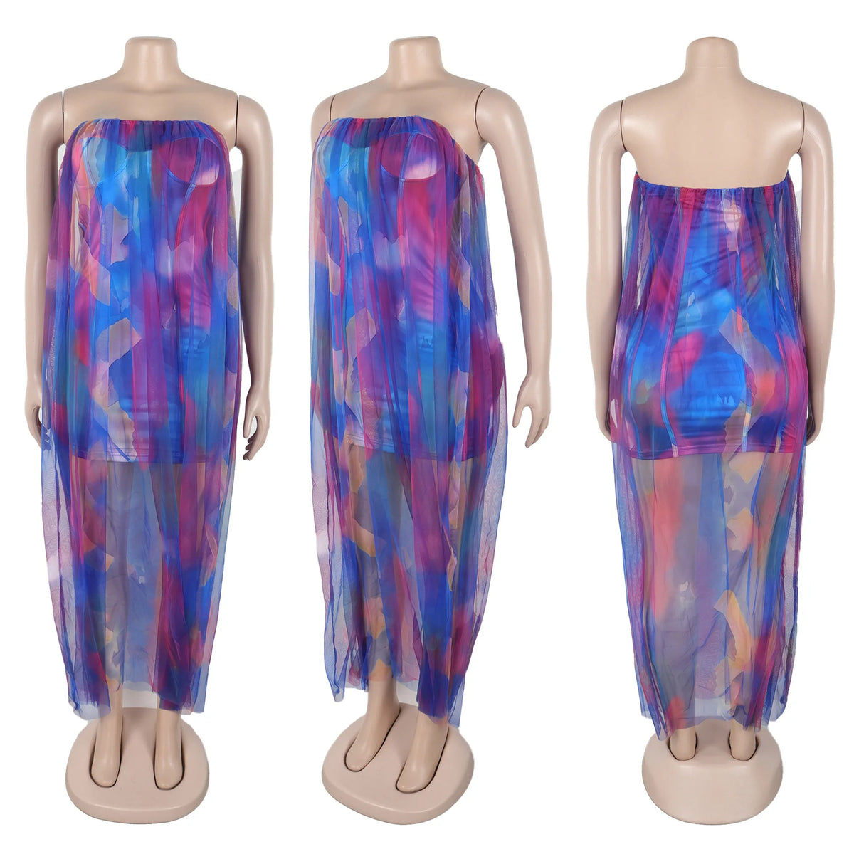Women Sleeveless Tie Dye Print Strapless Mesh Bodycon Midi Long Maxi Dress