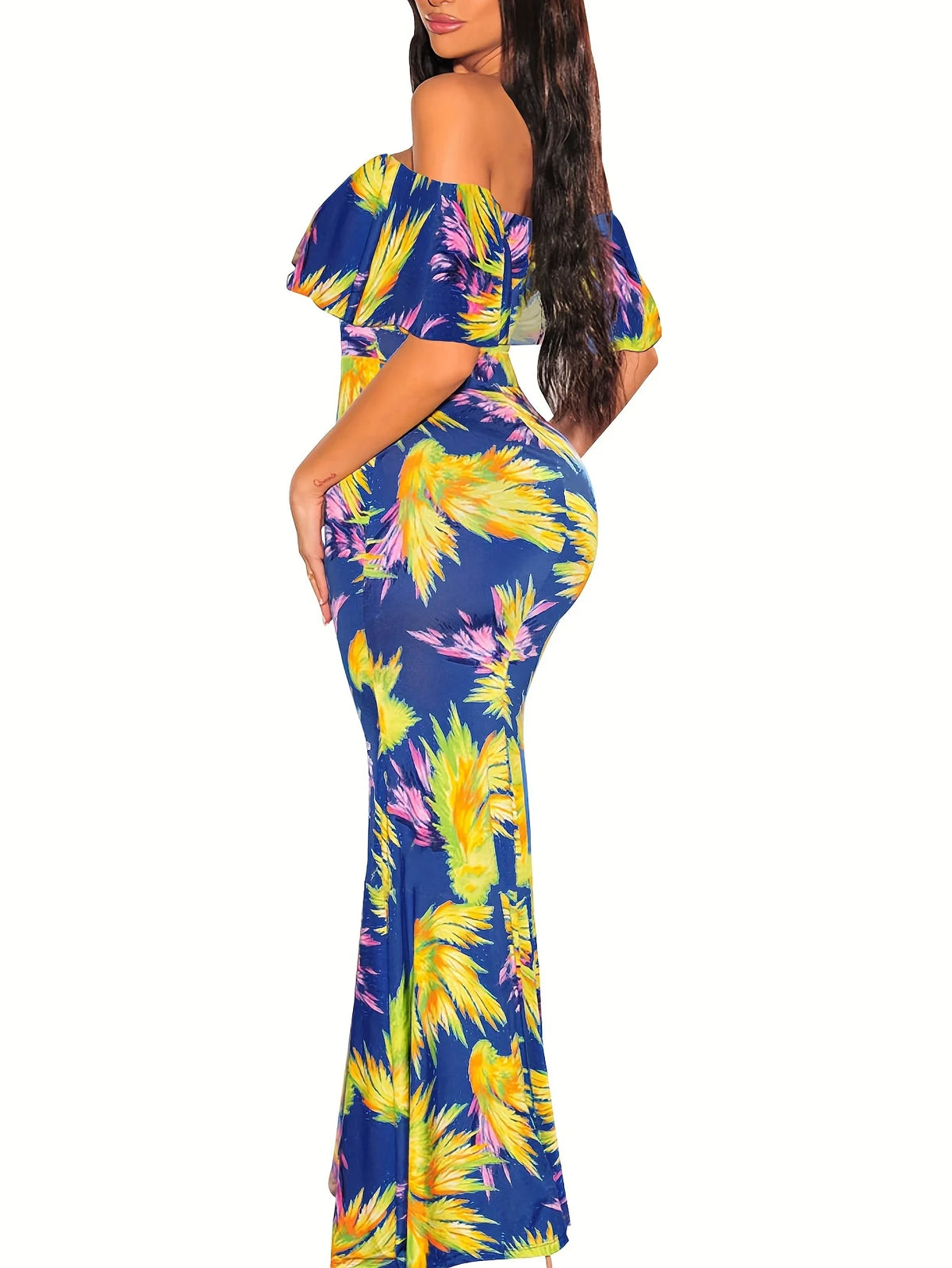 Women's Sunflower Floral Print Strapless Sexy Bodycon Slash Neck Off Shoulder Short Sleeve Polyester Floor Length Maxi Dress