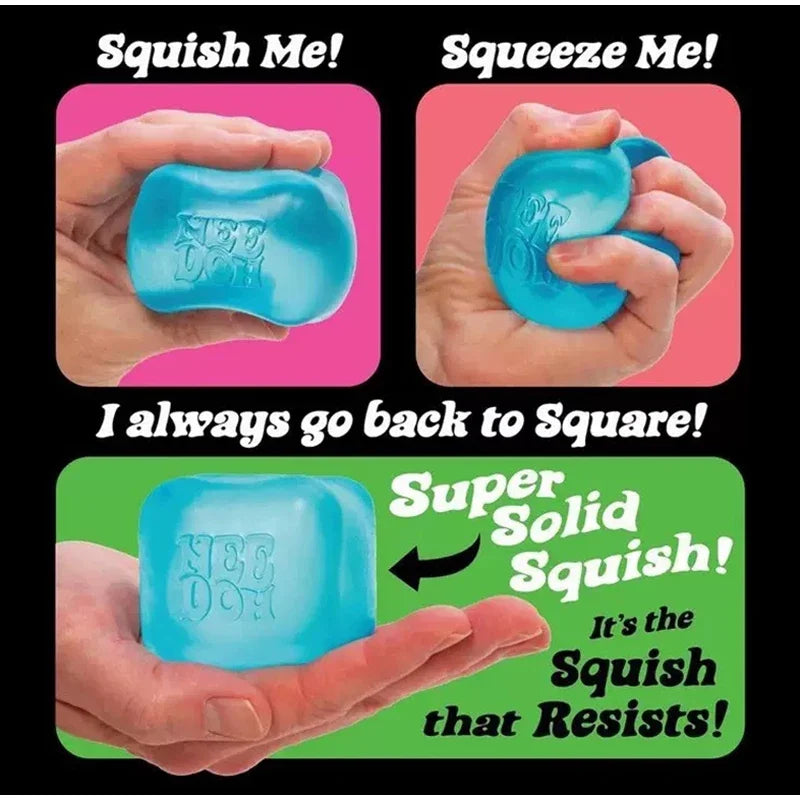 Needoh Nice Cube Sensory Squeezing Toy Cube for Stress relief and Fingertip Release Toy Dr. Pepper style and more.
