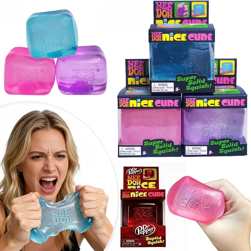 Needoh Nice Cube Sensory Squeezing Toy Cube for Stress relief and Fingertip Release Toy Dr. Pepper style and more.