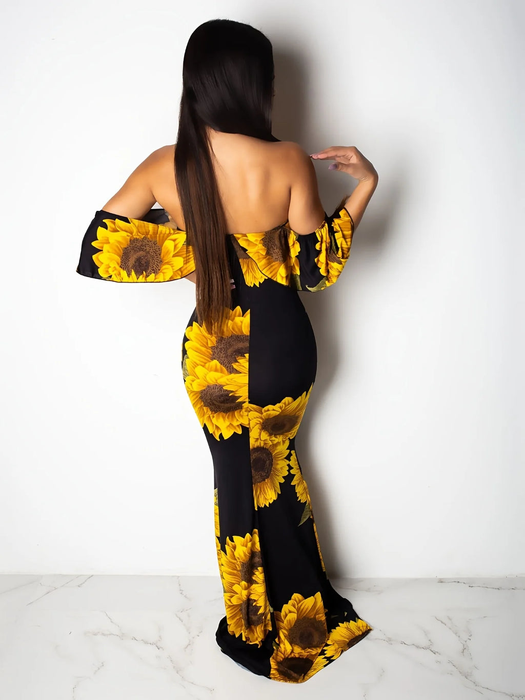 Women's Sunflower Floral Print Strapless Sexy Bodycon Slash Neck Off Shoulder Short Sleeve Polyester Floor Length Maxi Dress