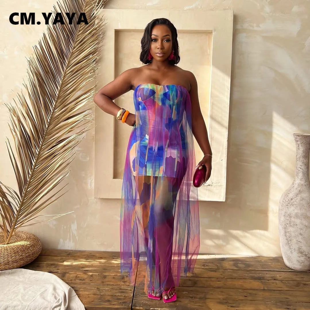 Women Sleeveless Tie Dye Print Strapless Mesh Bodycon Midi Long Maxi Dress