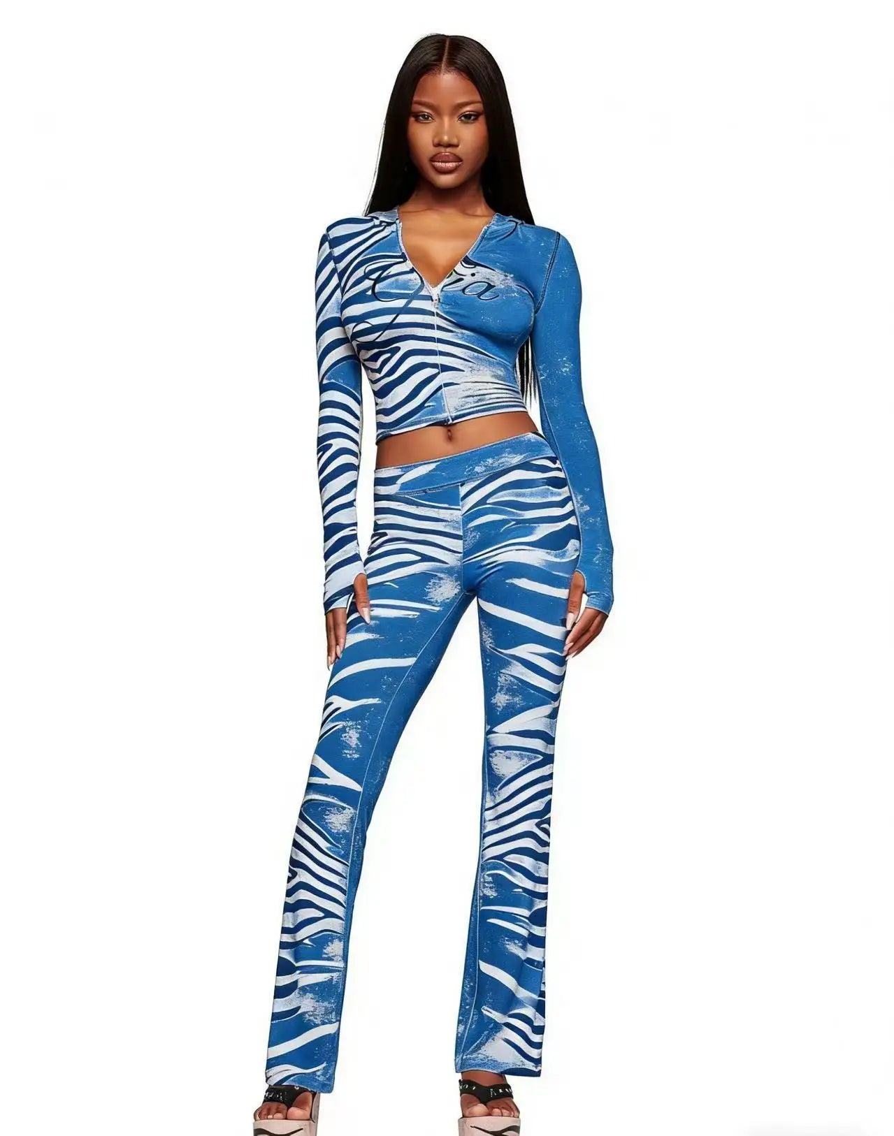 Women's Gia Animal Print 2 Piece Outfit Long Sleeve Hooded Cropped Top and Matching Pants Set
