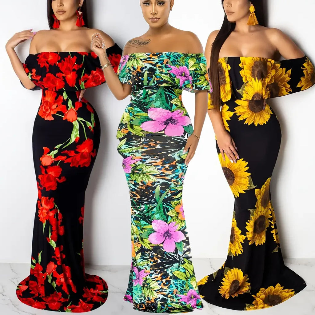 Women's Sunflower Floral Print Strapless Sexy Bodycon Slash Neck Off Shoulder Short Sleeve Polyester Floor Length Maxi Dress