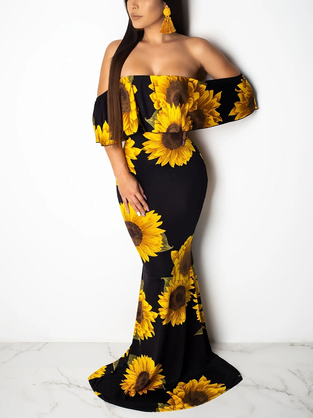 Women's Sunflower Floral Print Strapless Sexy Bodycon Slash Neck Off Shoulder Short Sleeve Polyester Floor Length Maxi Dress