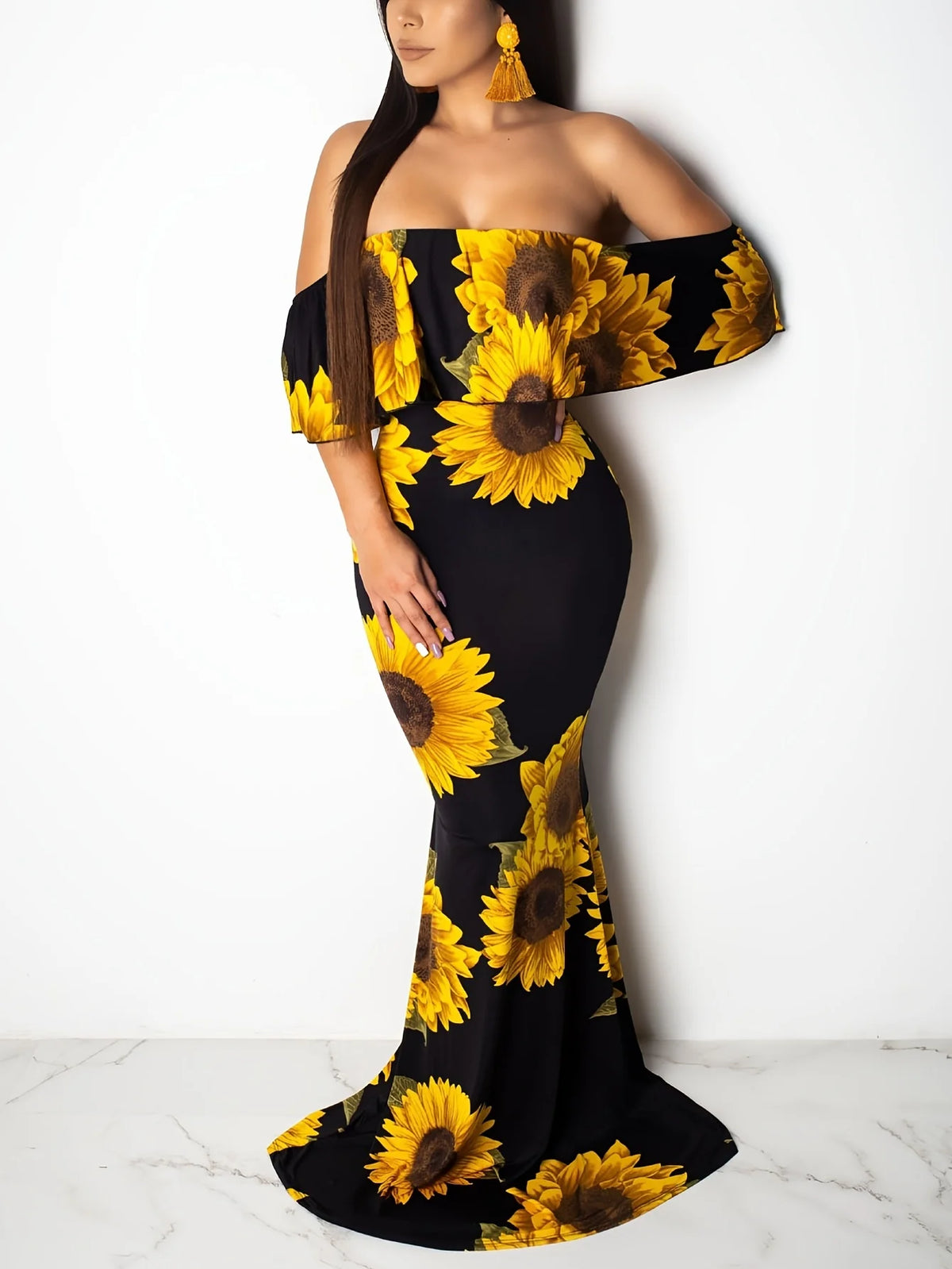Women's Sunflower Floral Print Strapless Sexy Bodycon Slash Neck Off Shoulder Short Sleeve Polyester Floor Length Maxi Dress