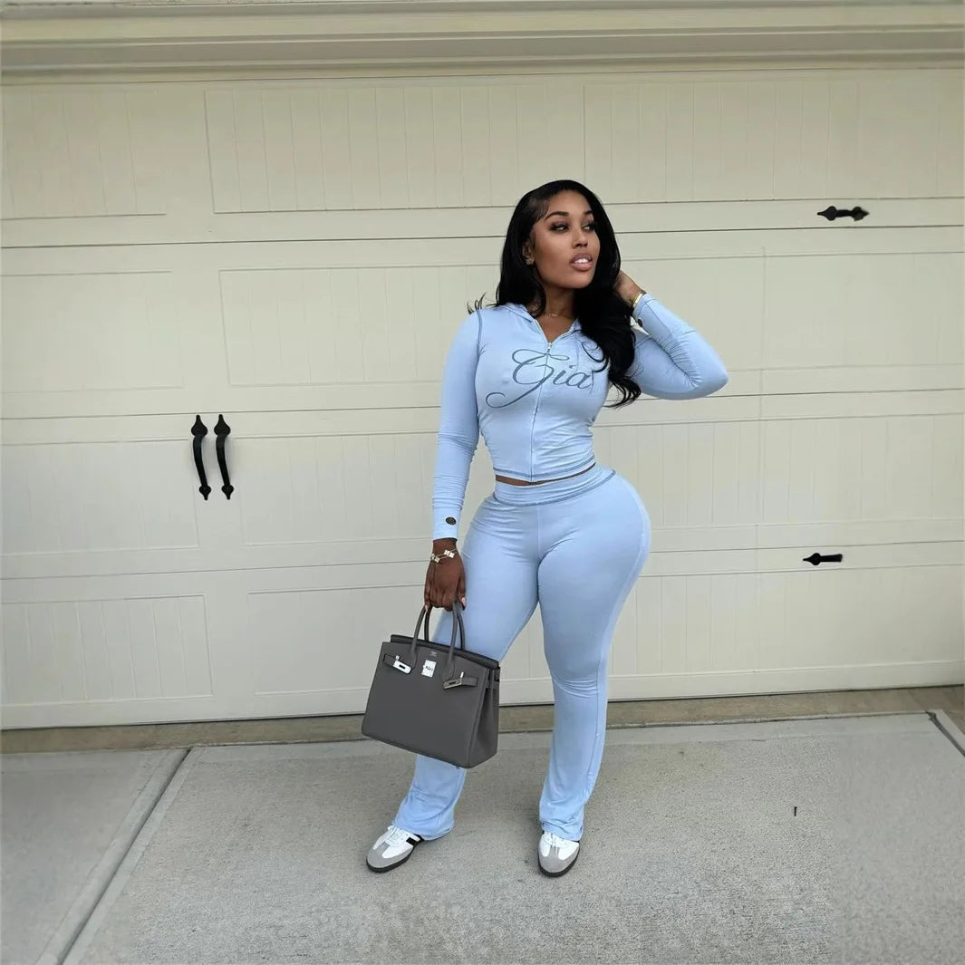 I am Gia Street Style Slim Fit Pants Set-Sportswear 2026 Zipper Cardigan Long Sleeve Top Casual Pants Slim Fit Set