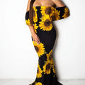 Women's Sunflower Floral Print Strapless Sexy Bodycon Slash Neck Off Shoulder Short Sleeve Polyester Floor Length Maxi Dress