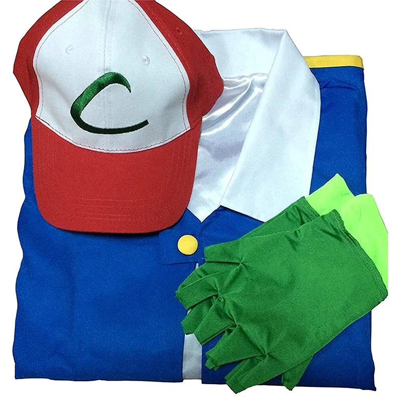 Adult Unisex Ash Ketchum Costume for Halloween-Blue Jacket, Cap, and Gloves Sets