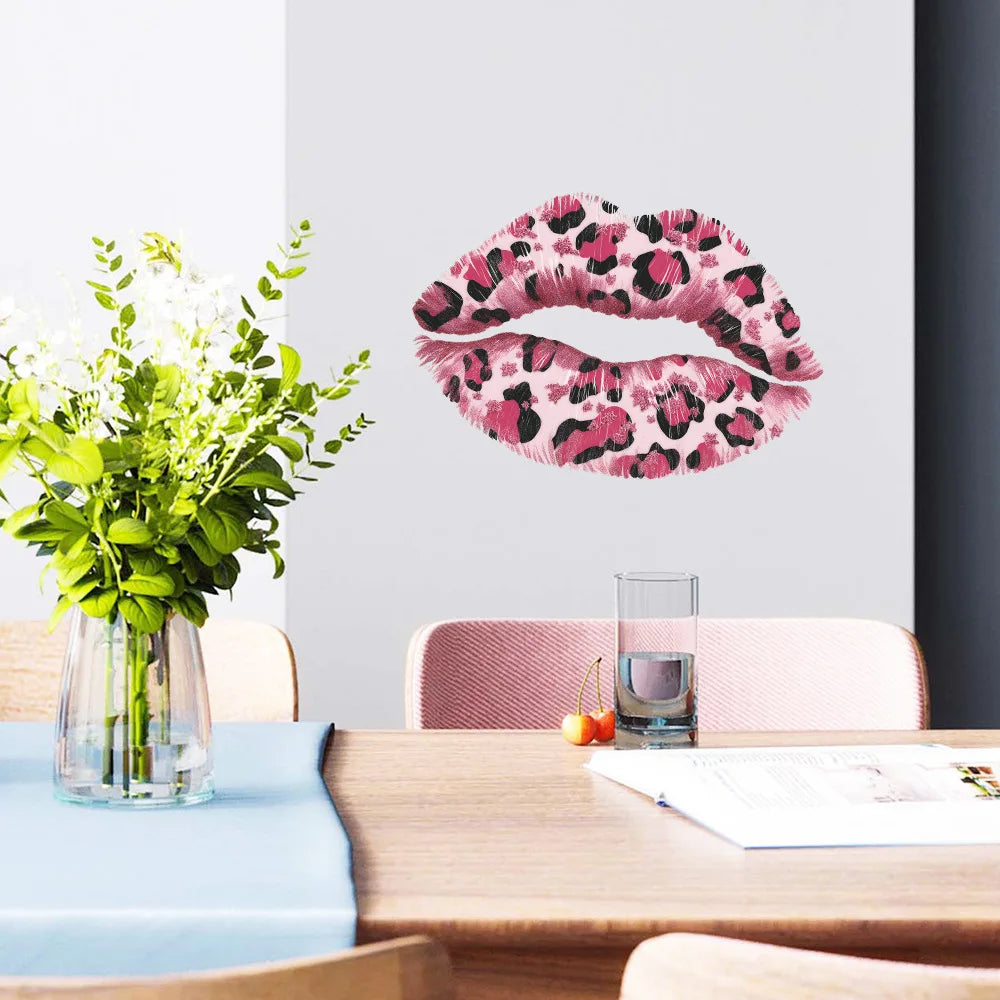 Pink Leopard Print Lips Wall Decal – Removable Kiss Sticker, Peel & Stick Vinyl Wall Art