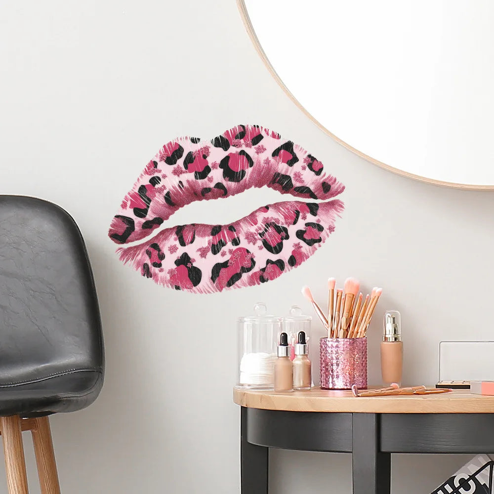 Pink Leopard Print Lips Wall Decal – Removable Kiss Sticker, Peel & Stick Vinyl Wall Art