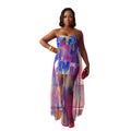 Women Sleeveless Tie Dye Print Strapless Mesh Bodycon Midi Long Maxi Dress
