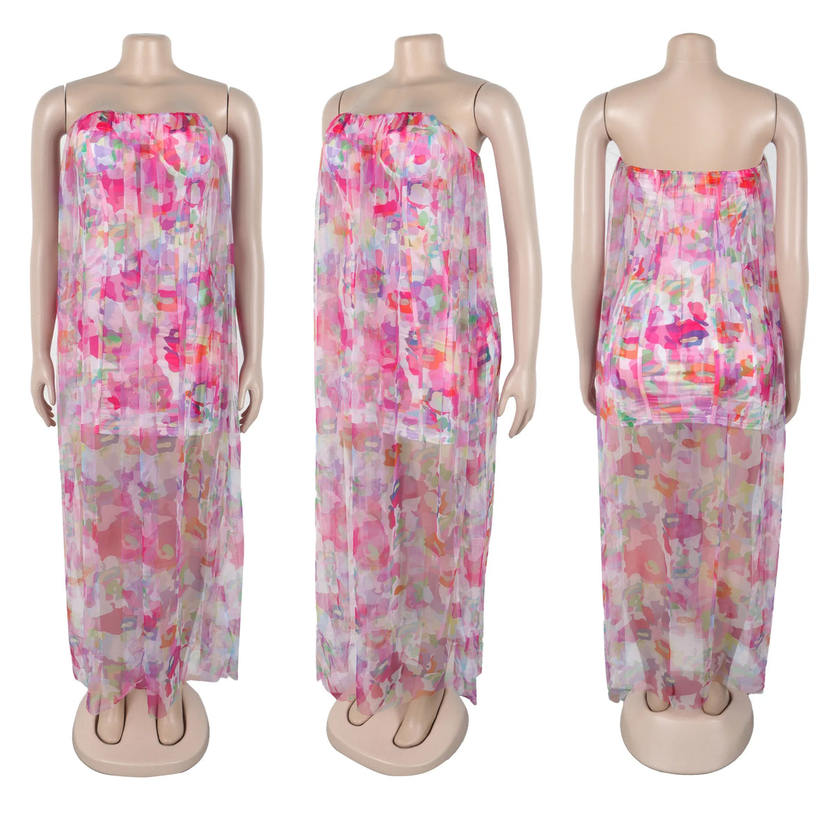Women Sleeveless Tie Dye Print Strapless Mesh Bodycon Midi Long Maxi Dress