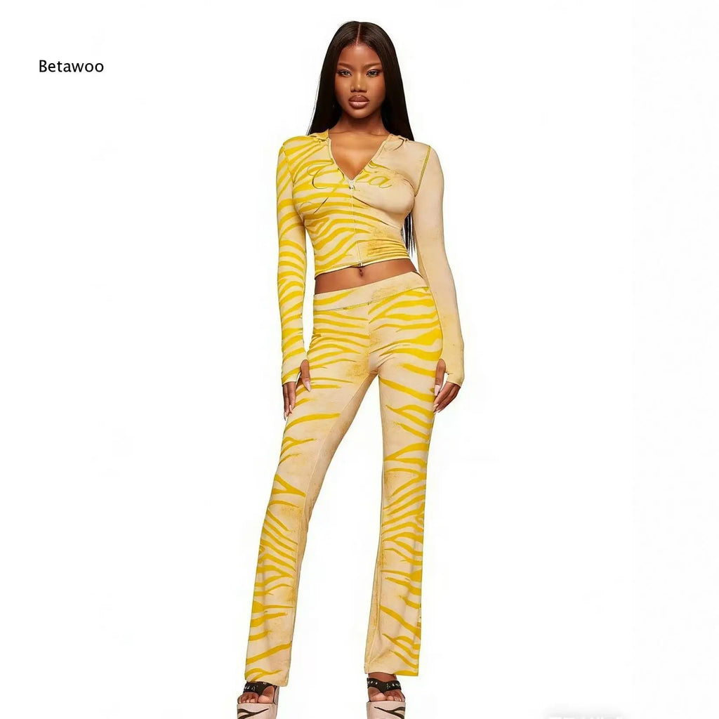 Women's Gia Animal Print 2 Piece Outfit Long Sleeve Hooded Cropped Top and Matching Pants Set