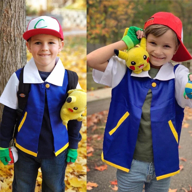 Adult Unisex Ash Ketchum Costume for Halloween-Blue Jacket, Cap, and Gloves Sets