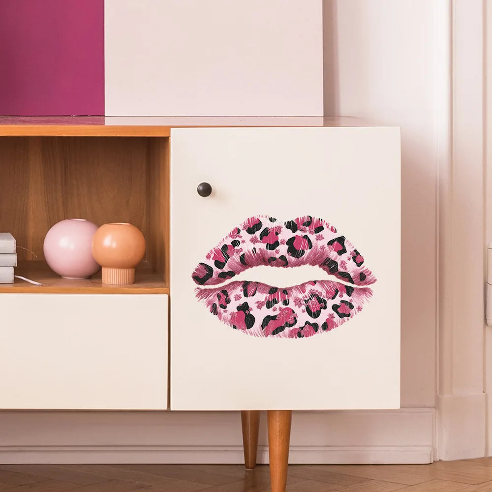 Pink Leopard Print Lips Wall Decal – Removable Kiss Sticker, Peel & Stick Vinyl Wall Art