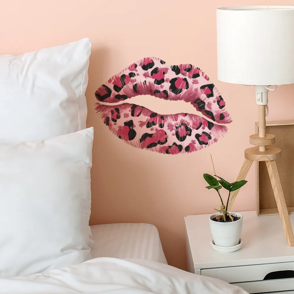 Pink Leopard Print Lips Wall Decal – Removable Kiss Sticker, Peel & Stick Vinyl Wall Art