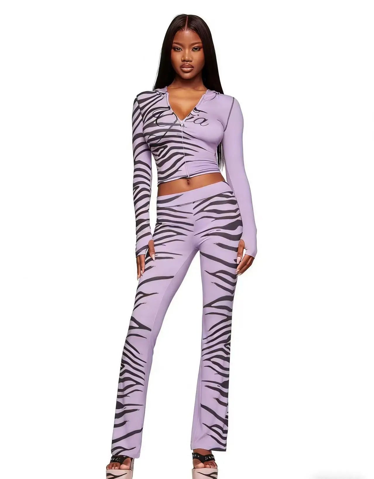 Women's Gia Animal Print 2 Piece Outfit Long Sleeve Hooded Cropped Top and Matching Pants Set