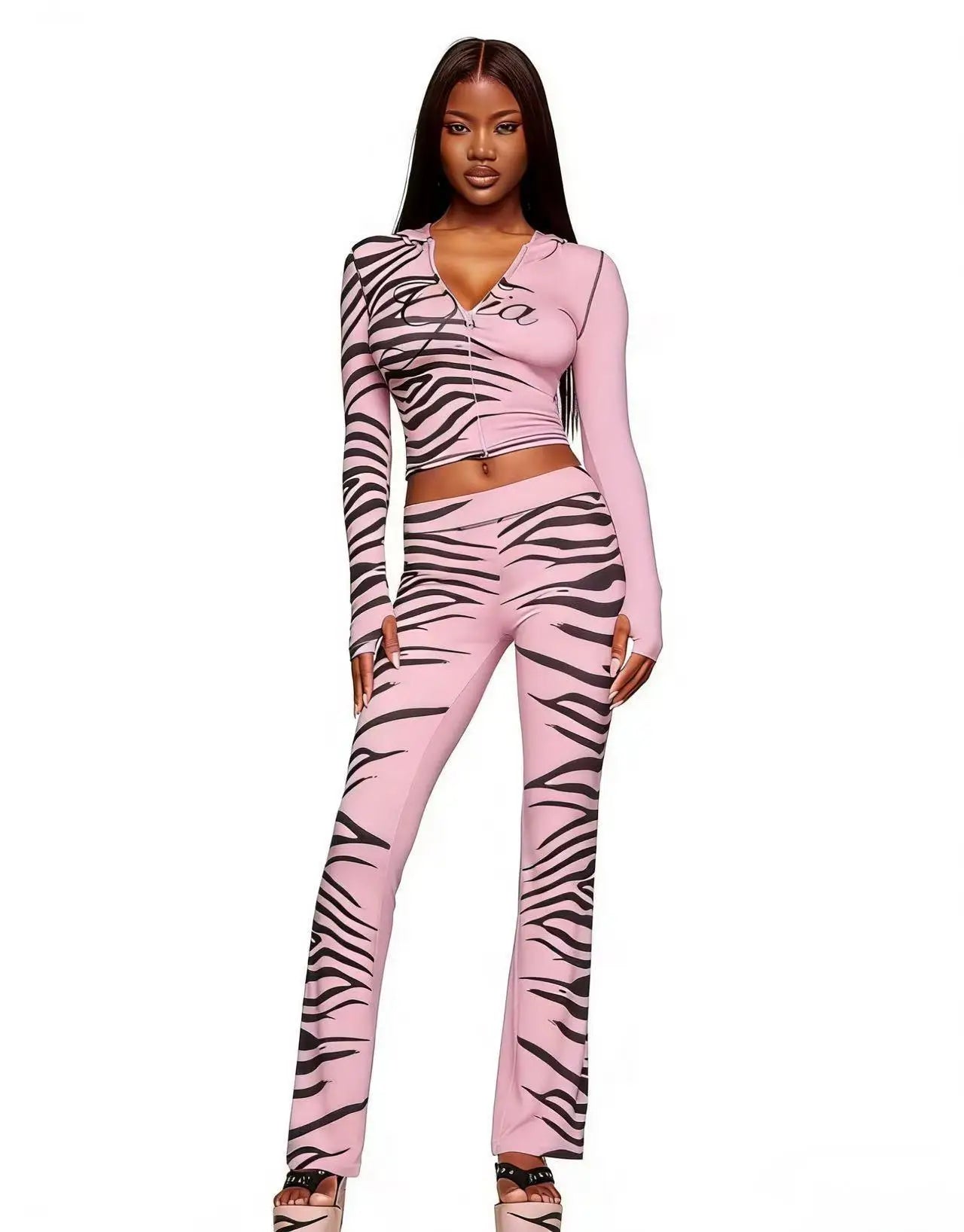 Women's Gia Animal Print 2 Piece Outfit Long Sleeve Hooded Cropped Top and Matching Pants Set