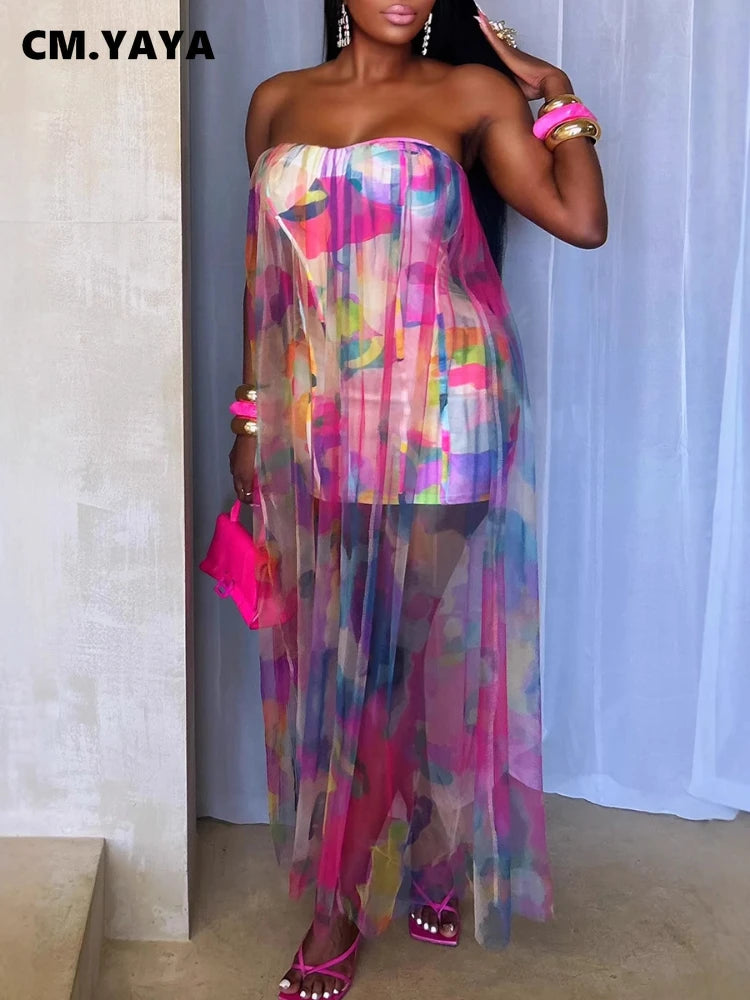 Women Sleeveless Tie Dye Print Strapless Mesh Bodycon Midi Long Maxi Dress