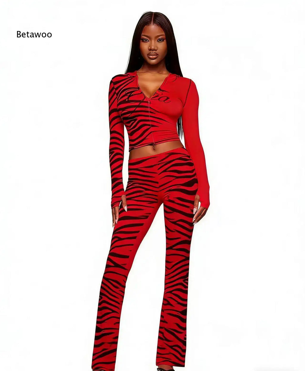 Women's Gia Animal Print 2 Piece Outfit Long Sleeve Hooded Cropped Top and Matching Pants Set