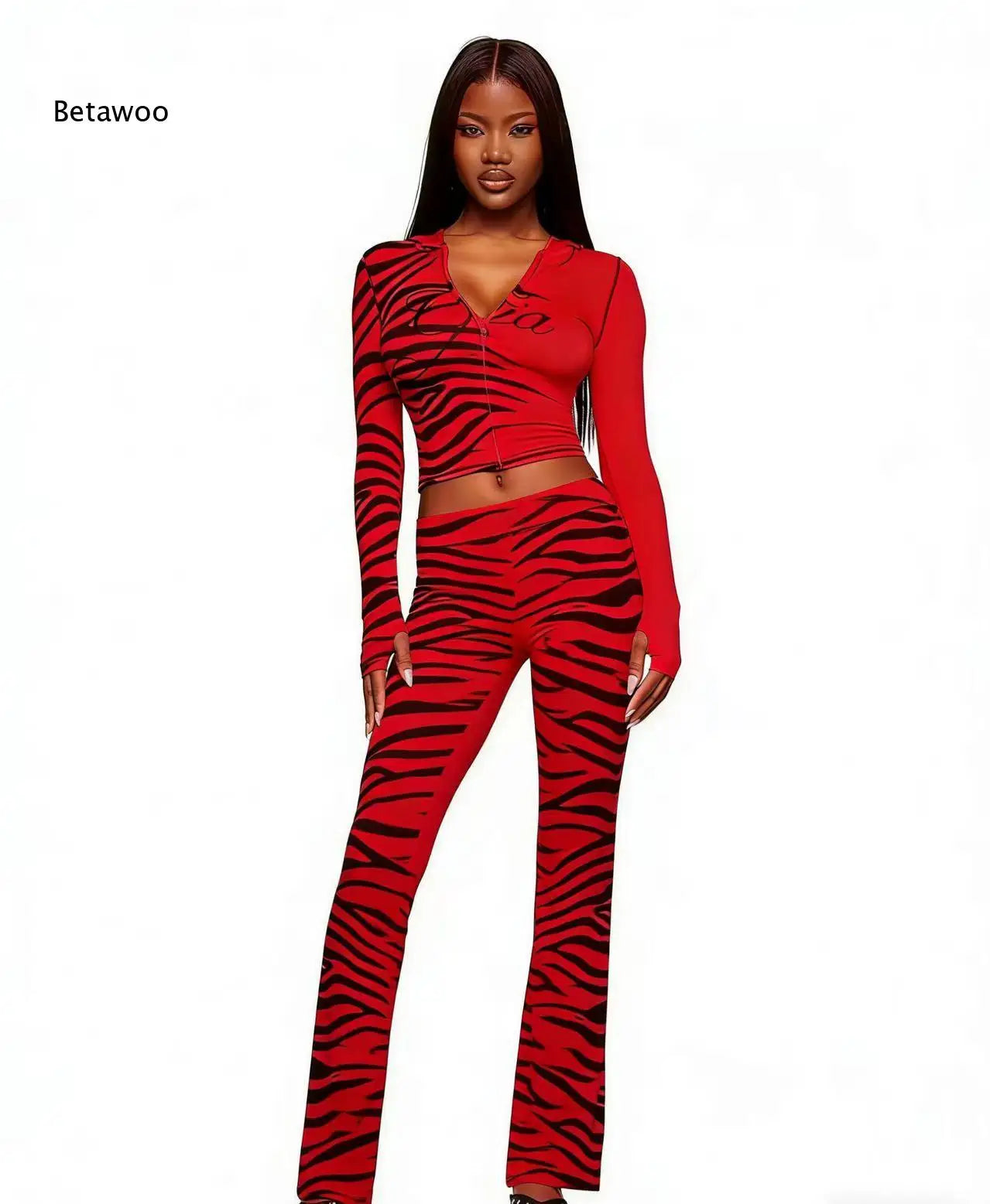 Women's Gia Animal Print 2 Piece Outfit Long Sleeve Hooded Cropped Top and Matching Pants Set
