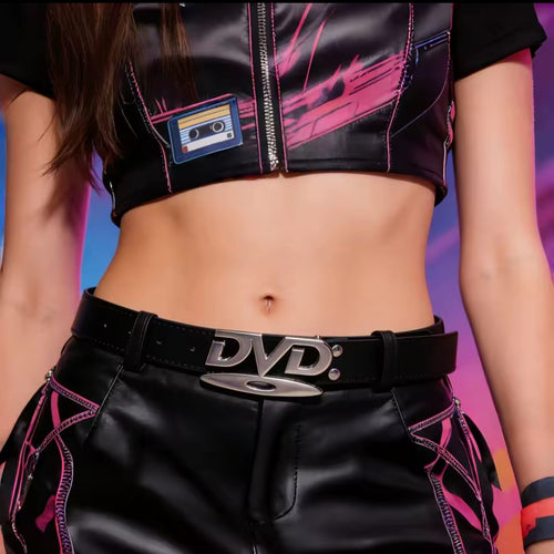 Person wearing a black leather outfit with pink accents and a 'DVD' belt buckle.