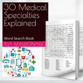 Book titled '30 Medical Specialties Explained' by Kia Maldonado with word search design.