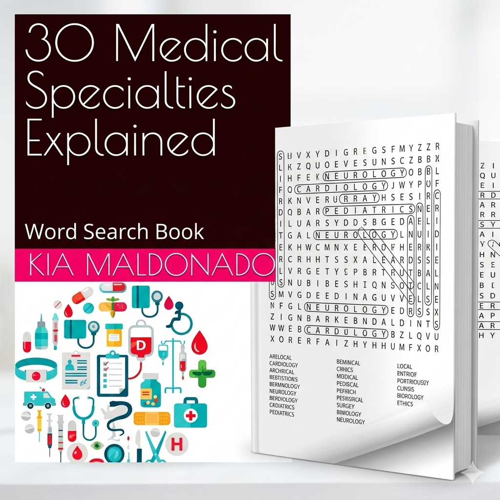 Book titled '30 Medical Specialties Explained' by Kia Maldonado with word search design.