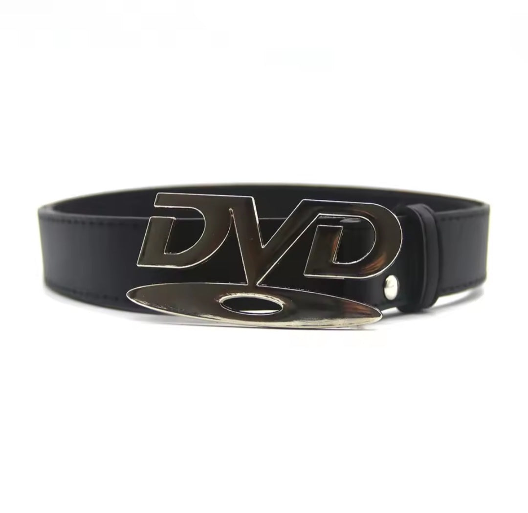 Black belt with 'DVD' buckle on a white background